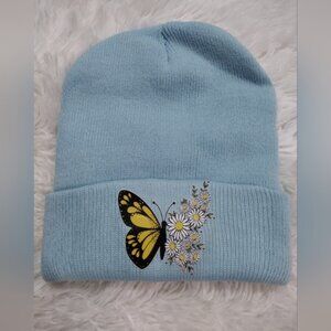 Butterfly 🦋 Print Knit Baby Blue Beanie Adult One Size NWOT
